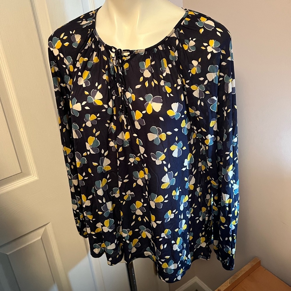 Style & Co dark navy long sleeve floral semi sheer blouse